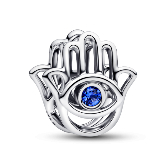 PANDORA stříbrný korálek ruka Hamsa s modrými křišťály přívěšek 794062C01