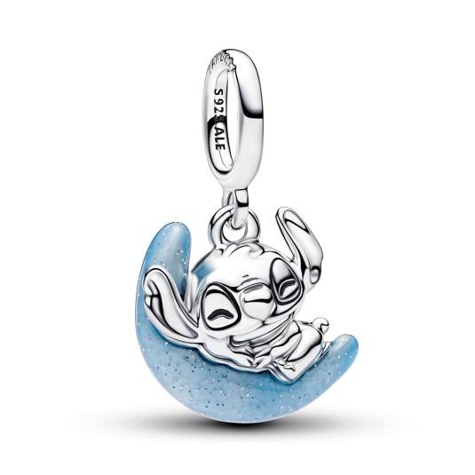 PANDORA Disney stříbrný visící korálek Stitch na svítícím měsíci přívěšek 795022C01