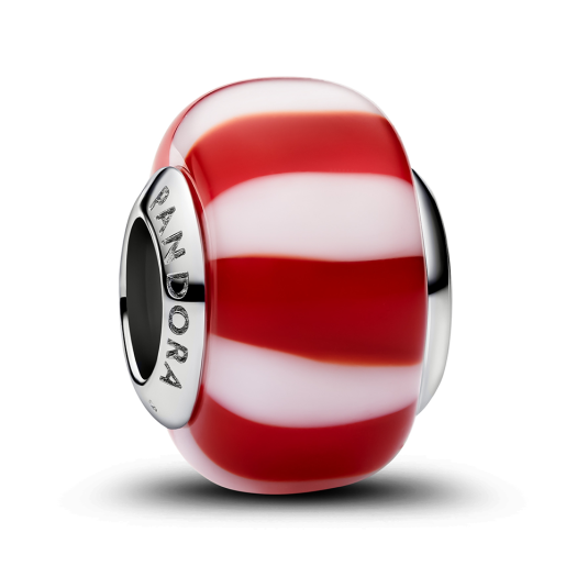 PANDORA korálek Červené pruhované sklo Murano přívěšek 735071C01