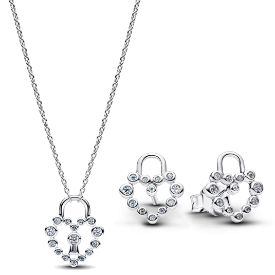 PANDORA set náhrdelník a náušnice Srdíčkový zámek šperkový set 394416C01+294419C01